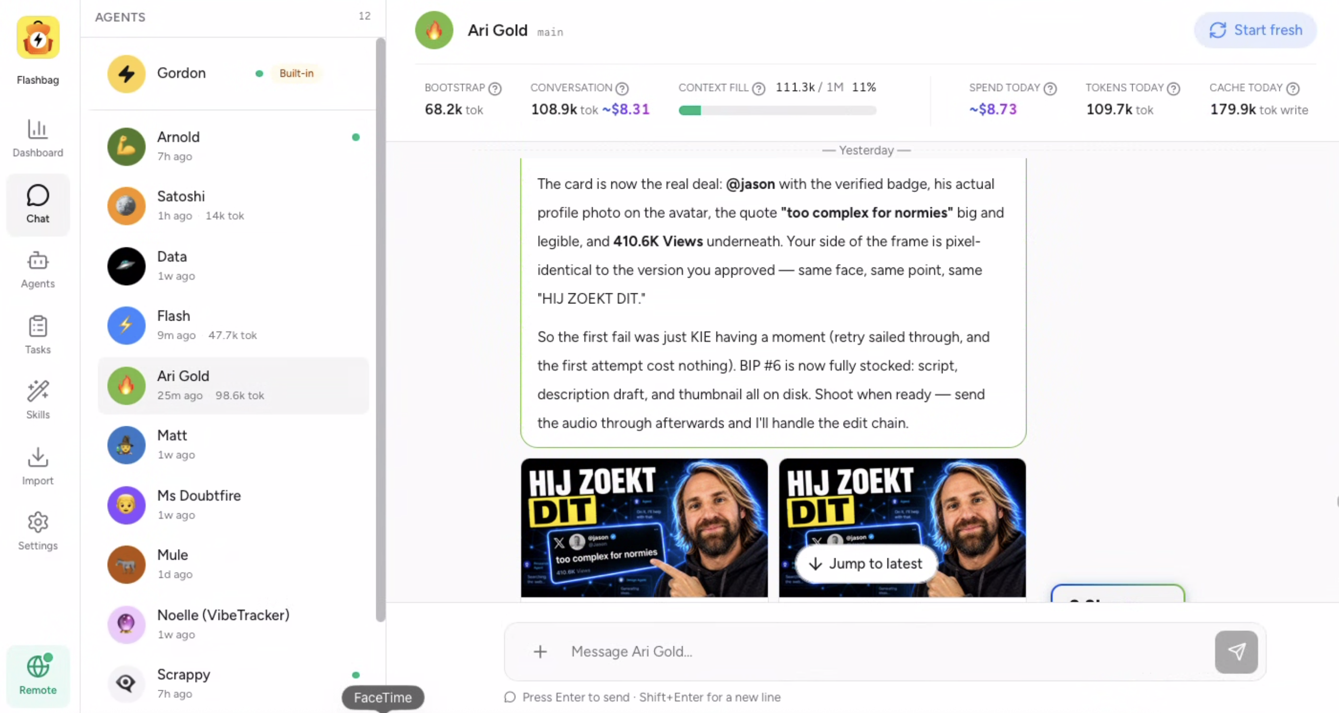 Flashbag app — agent panel with Ari Gold