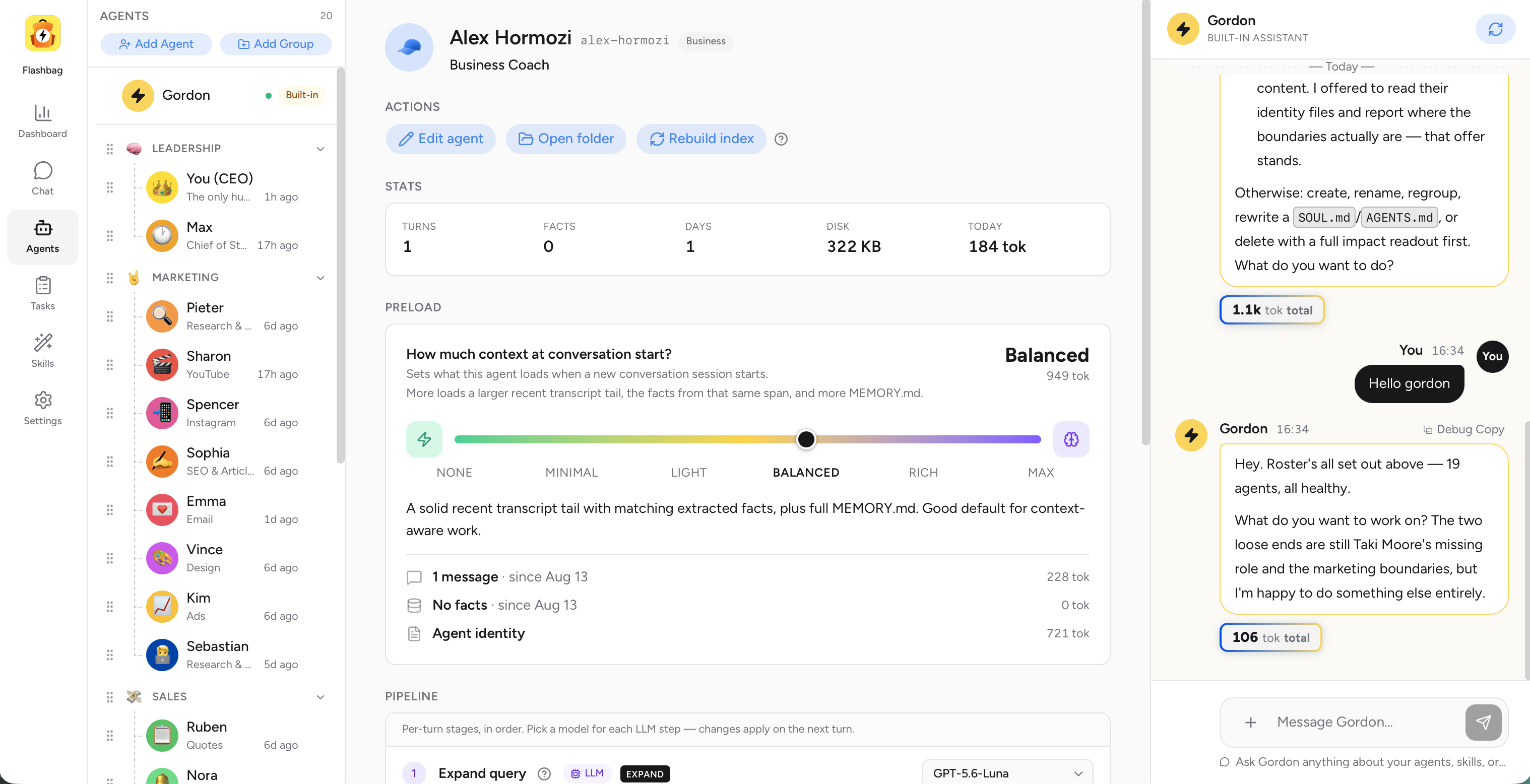 Flashbag - Agents. One employee's stats, memory depth and pipeline.