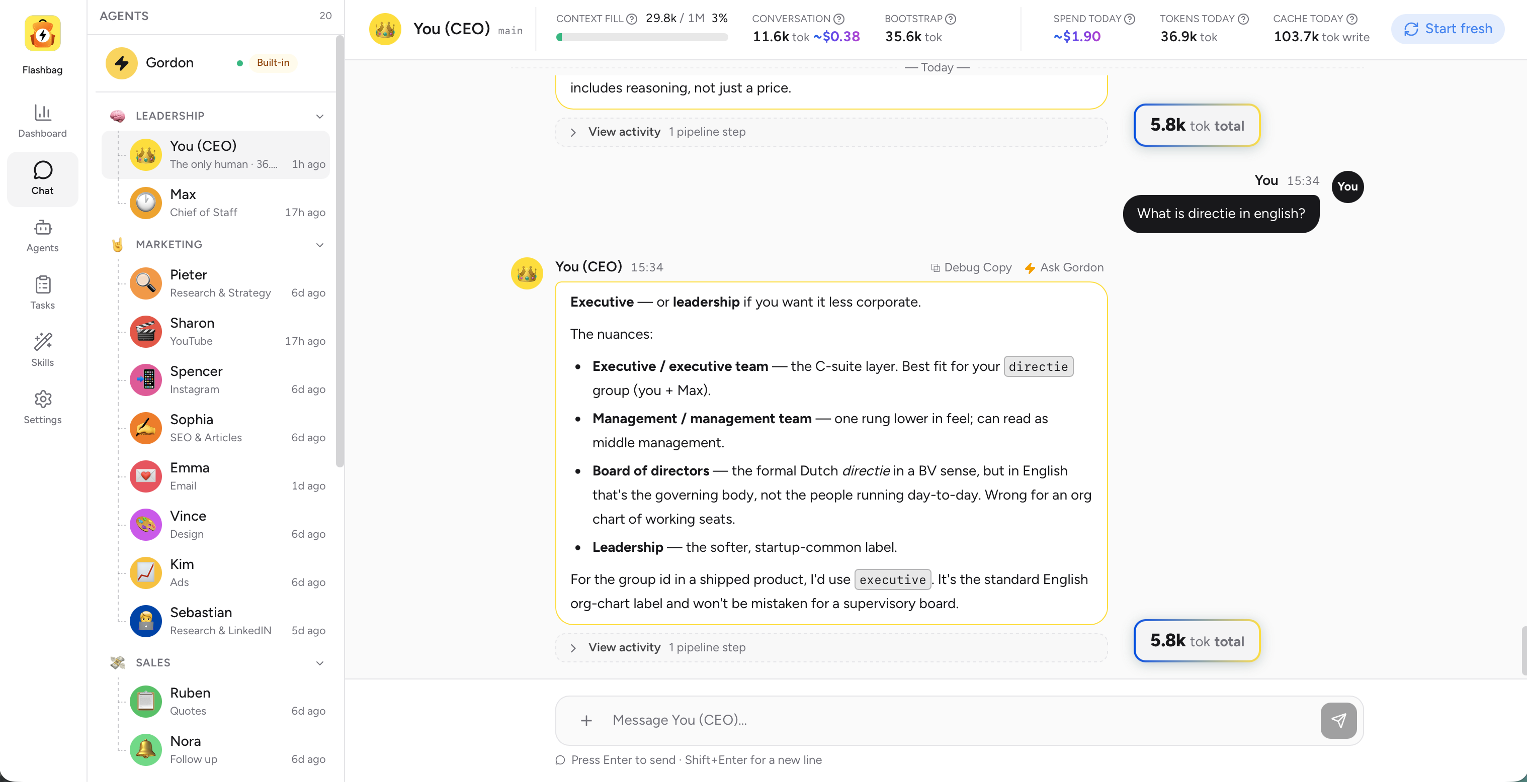 Flashbag - Chat. Twenty AI employees grouped into departments on the left, a conversation on the right.