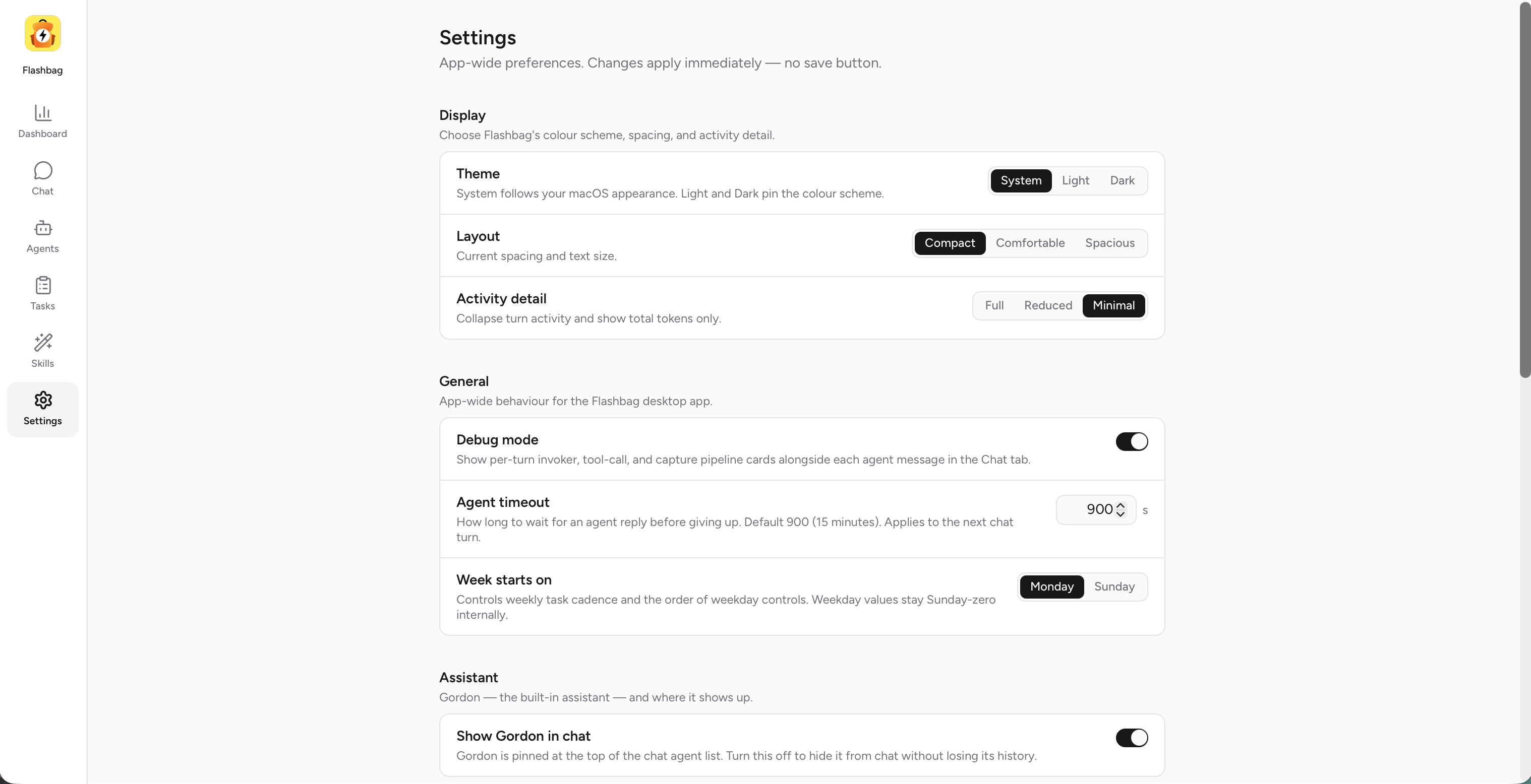 Flashbag - Settings. Theme, layout, agent timeout and remote access.