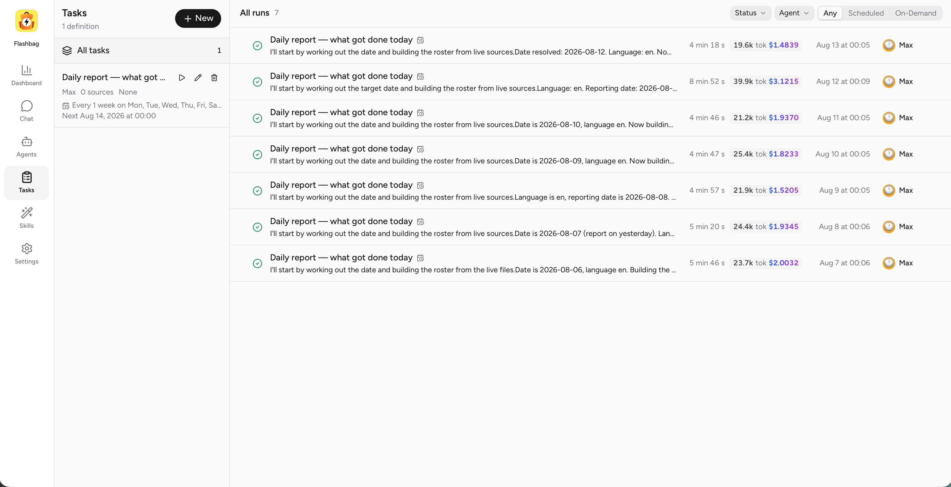 Flashbag - Tasks. A scheduled daily report and every run it has made.